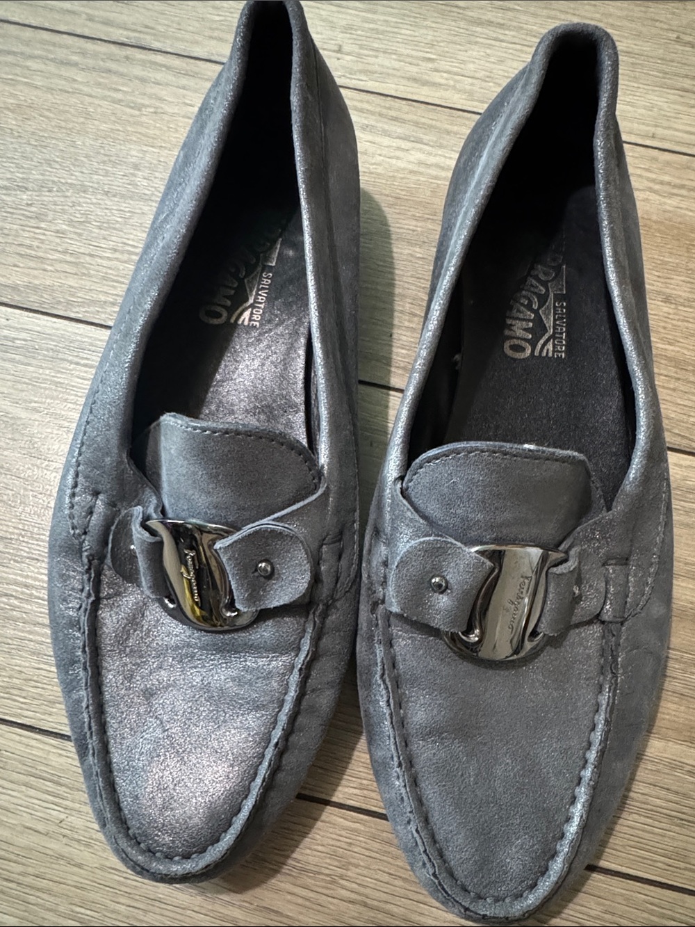 Salvatore Ferragamo Metallic Gray Suede Bit Loafers